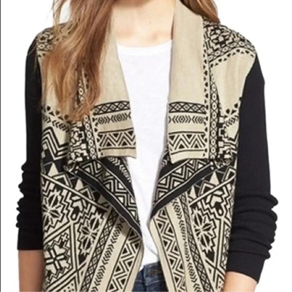 Lucky Brand Open Front Aztec Sweater Cardigan Beige Black Southwestern Size XL - Picture 1 of 14